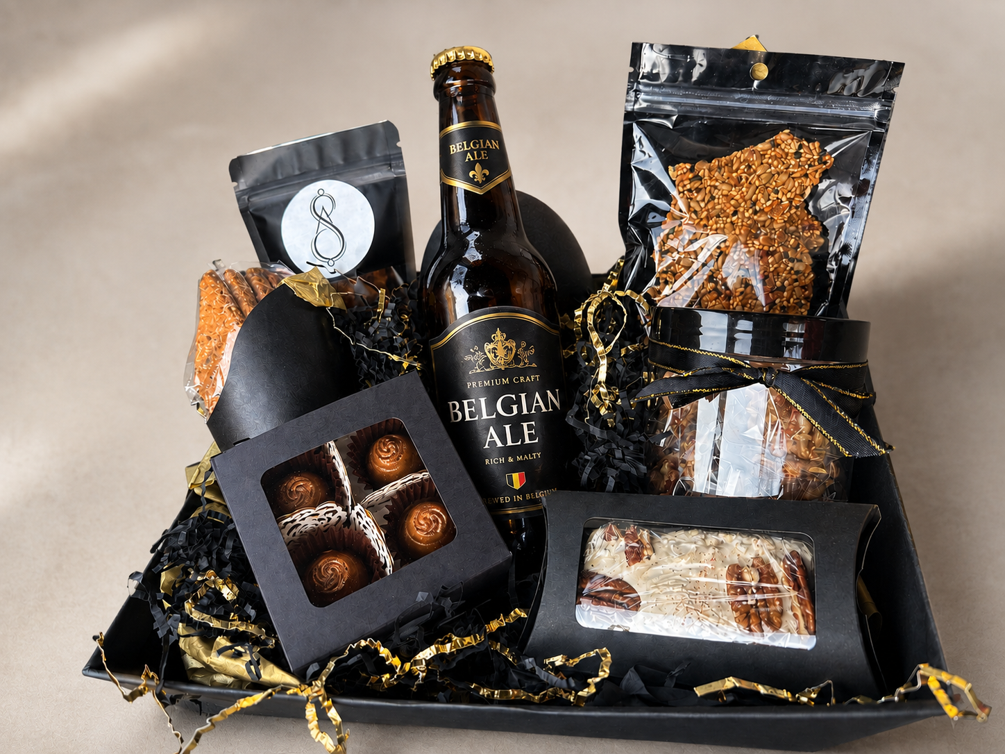Pairing basket built around a beer flight for hosted gatherings