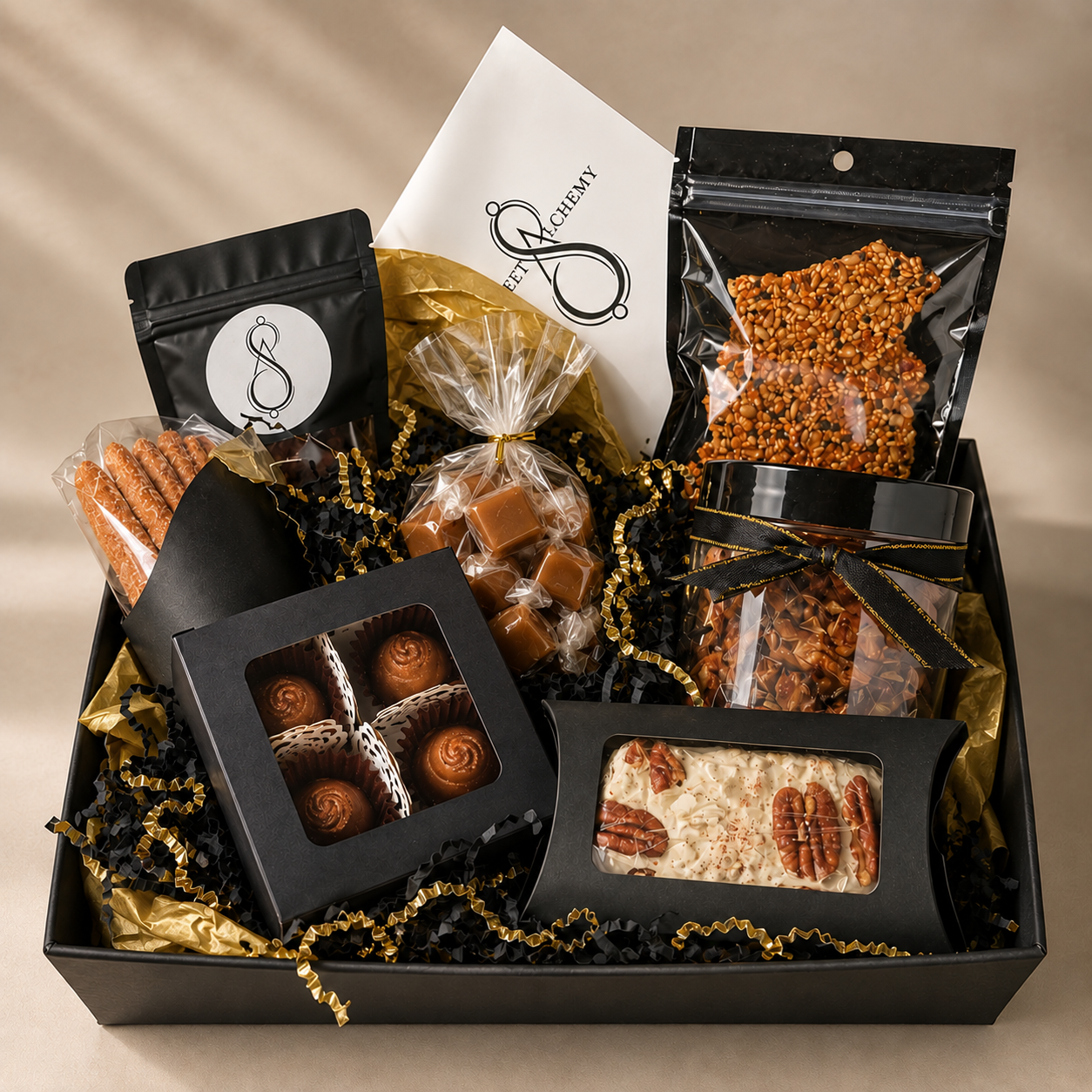 Curated gift basket with truffles, caramels and confections